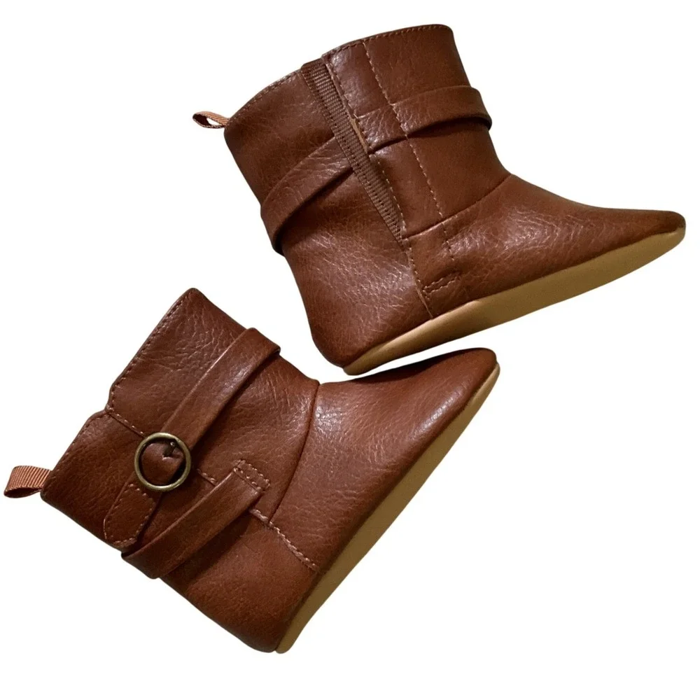 Old Navy Baby Cognac Brown Faux Leather Buckle Booties Soft Sole 6-12M 745165-00